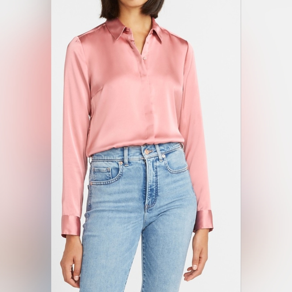 NWT EXPRESS Rose Pink Satin Portofino Button Down Blouse Shirt Large Beautiful